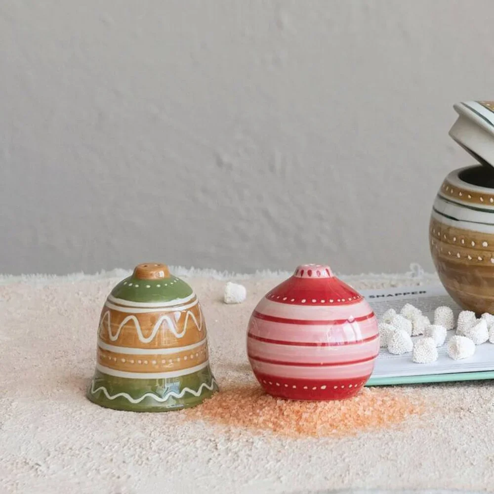 Hand-Painted Ornament & Bell Stoneware Salt & Pepper Shaker/NWT